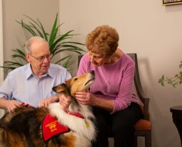 A senior couple enjoying time together while petting a friendly dog in a serene setting.