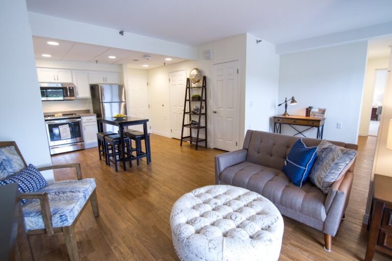 Inside of Tioga II apartment decorate with brown and black furniture